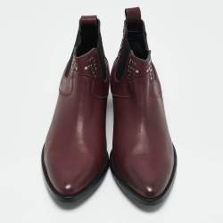 Pre Owned Zadig & Voltaire Burgundy Leather Studded Ankle Length Boots Size 41