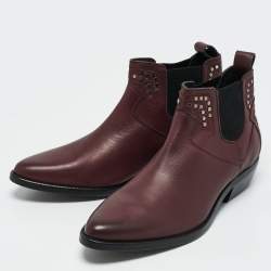 Pre Owned Zadig & Voltaire Burgundy Leather Studded Ankle Length Boots Size 41
