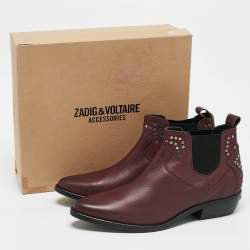 Pre Owned Zadig & Voltaire Burgundy Leather Studded Ankle Length Boots Size 41