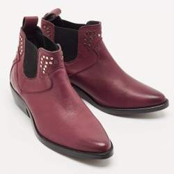 Zadig & Voltaire Burgundy Leather Thylana Studded Ankle Boots Size 36