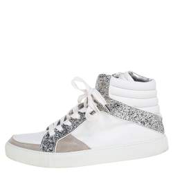 Pre Owned Zadig and Voltaire White/Grey Canvas and Suede Glitter High Top Sneakers Size 40
