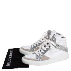 Pre Owned Zadig and Voltaire White/Grey Canvas and Suede Glitter High Top Sneakers Size 40