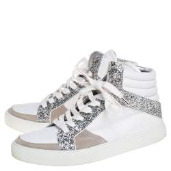 Pre Owned Zadig and Voltaire White/Grey Canvas and Suede Glitter High Top Sneakers Size 40