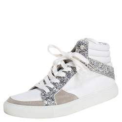 Pre Owned Zadig and Voltaire White/Grey Canvas and Suede Glitter High Top Sneakers Size 40