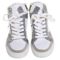 Pre Owned Zadig and Voltaire White/Grey Canvas and Suede Glitter High Top Sneakers Size 40