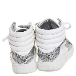 Pre Owned Zadig and Voltaire White/Grey Canvas and Suede Glitter High Top Sneakers Size 40