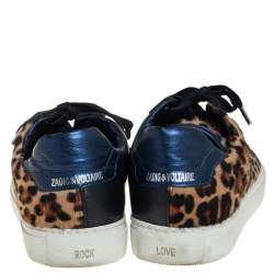 Pre Owned Zadig&Voltaire Brown/Blue Leopard Print Calf Hair And Suede Low-top Sneakers Size 40