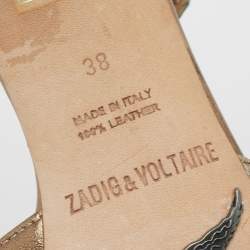 Zadig and Voltaire Gold/Grey Python Embossed And Leather Spike Ankle Strap Sandals Size 38    