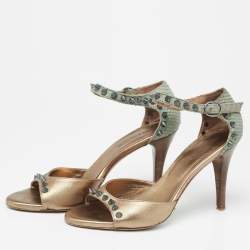 Zadig and Voltaire Gold/Grey Python Embossed And Leather Spike Ankle Strap Sandals Size 38    