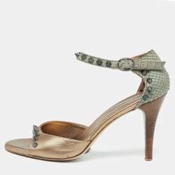 Zadig and Voltaire Gold/Grey Python Embossed And Leather Spike Ankle Strap Sandals Size 38    
