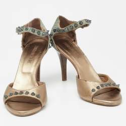 Zadig and Voltaire Gold/Grey Python Embossed And Leather Spike Ankle Strap Sandals Size 38    