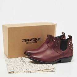 Pre Owned Zadig & Voltaire Burgundy Leather Thylana Studded Ankle Booties Size 36