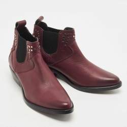 Pre Owned Zadig & Voltaire Burgundy Leather Thylana Studded Ankle Booties Size 36