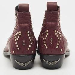 Pre Owned Zadig & Voltaire Burgundy Leather Thylana Studded Ankle Booties Size 36