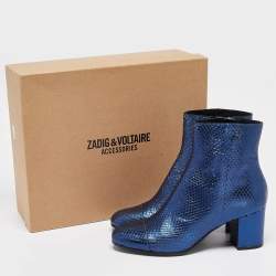 Zadig & Voltaire Metallic Blue Python Embossed Leather Lena Ankle Boots Size 40