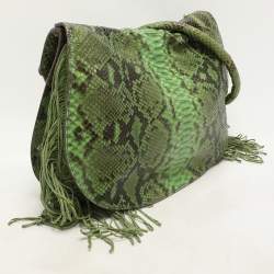 Zagliani Green Python Fringe Details Flap Shoulder Bag