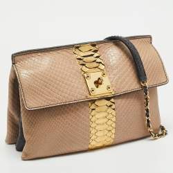 Zagliani Beige/Black Python Turnlock Flap Chain Shoulder Bag
