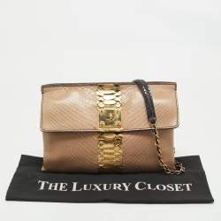 Zagliani Beige/Black Python Turnlock Flap Chain Shoulder Bag