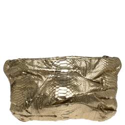 Zagliani Gold Metallic Python Top Zip Clutch 
