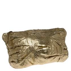 Zagliani Gold Metallic Python Top Zip Clutch 