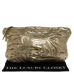 Zagliani Gold Metallic Python Top Zip Clutch 