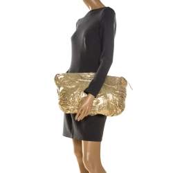 Zagliani Gold Metallic Python Top Zip Clutch 
