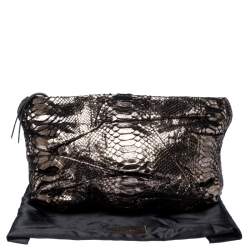 Zagliani Metallic Silver Python Leather Oversized Clutch 