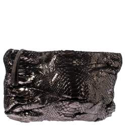 Zagliani Metallic Silver Python Leather Oversized Clutch 