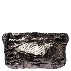 Zagliani Metallic Silver Python Leather Oversized Clutch 