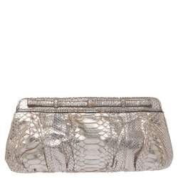 Zagliani Silver Python Turnlock Clutch 