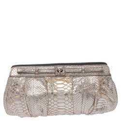 Zagliani Silver Python Turnlock Clutch 