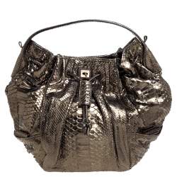 Zagliani Metallic Green Python Drawstring Hobo