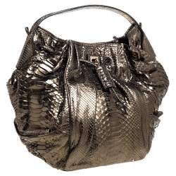 Zagliani Metallic Green Python Drawstring Hobo