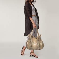 Pre Owned Zagliani Gold Metallic Python Pleated Shoulder Bag