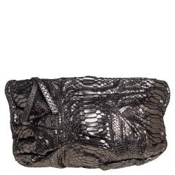 Zagliani Metallic Silver Python Oversized Clutch