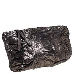 Zagliani Metallic Silver Python Oversized Clutch