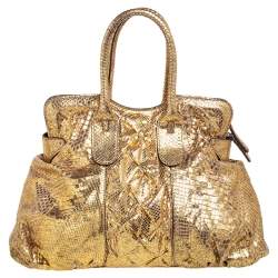 Zagliani Metallic Gold Python Top Zip Tote
