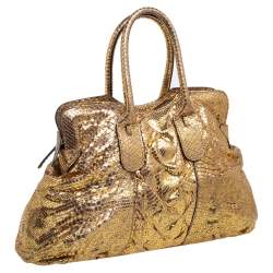 Zagliani Metallic Gold Python Top Zip Tote