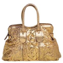 Zagliani Metallic Gold Python Top Zip Tote