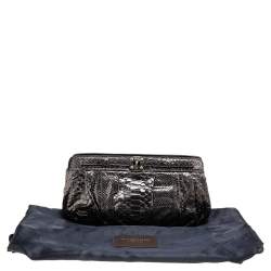 Zagliani Metallic Gunmetal Python Leather Clutch 