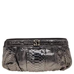 Zagliani Metallic Gunmetal Python Leather Clutch 