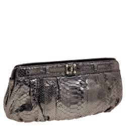 Zagliani Metallic Gunmetal Python Leather Clutch 