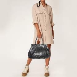 Pre Owned Zagliani Dark Grey Python Puffy Hobo