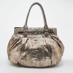 Pre Owned Zagliani Metallic Gold Python Leather Oversized Puffy Hobo