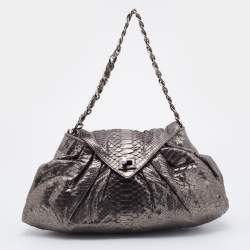 Zagliani Metallic Gunmetal Python Envelope Shoulder Bag