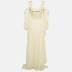 Pre Owned Zeena Zaki Lemon Yellow Crepe Ruffle Maxi Dress S