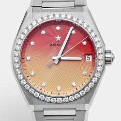 مملوكة مسبقًا ساعة يد نسائية زينث ديفاي ميدنايت ستانلس ستيل أحمر إلى أصفر متدرج مرصعة بالألماس 36 مم