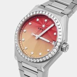 مملوكة مسبقًا ساعة يد نسائية زينث ديفاي ميدنايت ستانلس ستيل أحمر إلى أصفر متدرج مرصعة بالألماس 36 مم