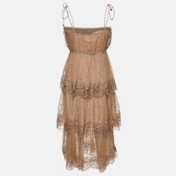 Pre Owned Zimmermann Brown Dotted Silk Lace Trim Mini Dress S