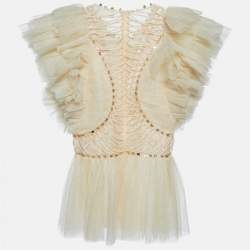 Pre Owned Zimmermann Cream Embellished Glitter Tulle Dancer Ruffled Top XS